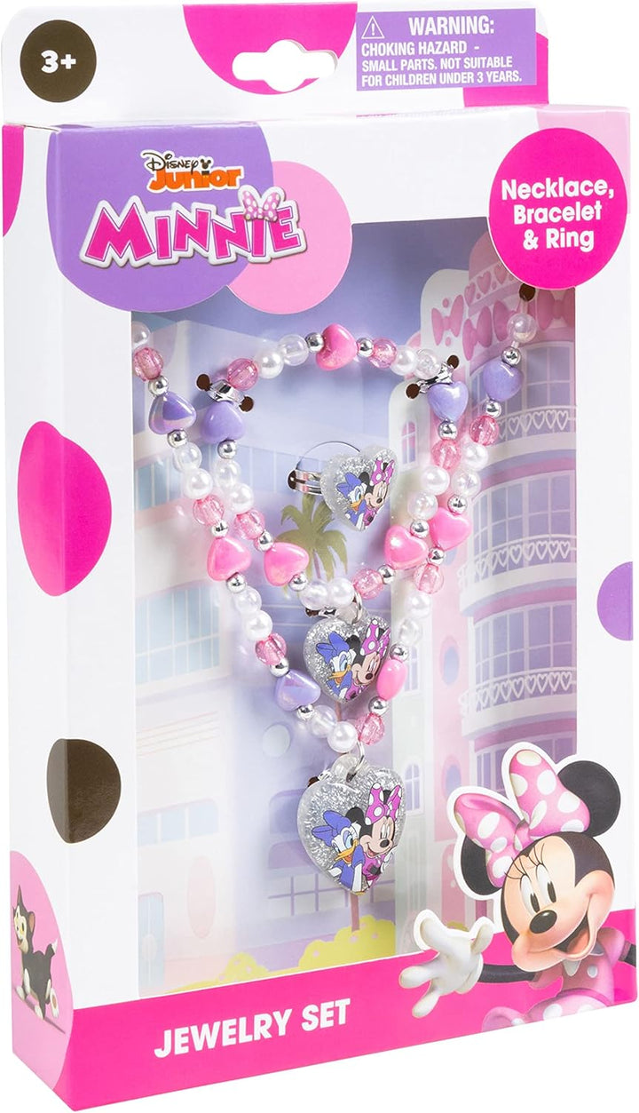 Disney Minnie Girls Jewelry Set - Dress up Toy Jewelry Box Sets with Bead Necklace, Bead Bracelet and Ring - Play Accessories - Ages 3+