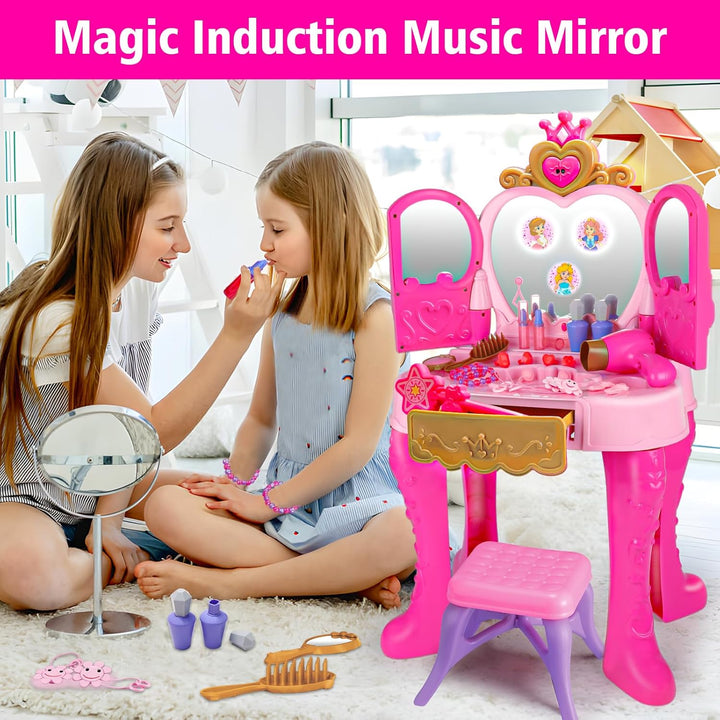 Toddler Vanity Magic Makeup Set Table and Chair Girl Toy Automatically Mirror with Music Light Pink Toys for 2 3 4 5 Year Old Girls Hair Salon Pretend Play Princess Dress up Playset Gift Toddler 1-3