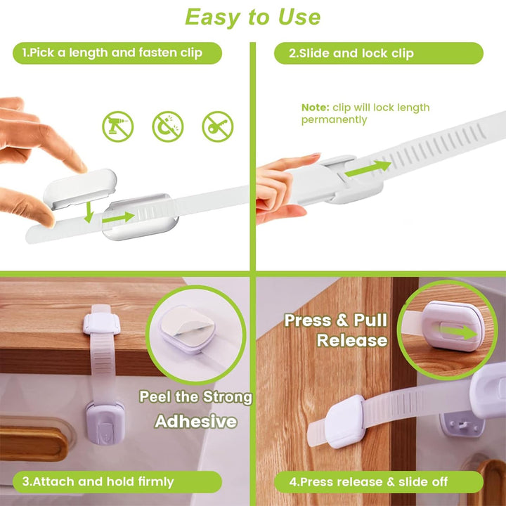 Child Proof Cabinet Locks (4 Packs), Baby Toddlers Locks for Drawers, Refrigerator Safety Latches for Kids Pets, Durable Safe ABS Material Strong Adhesive, No Drill Tool Needed Easy to Use