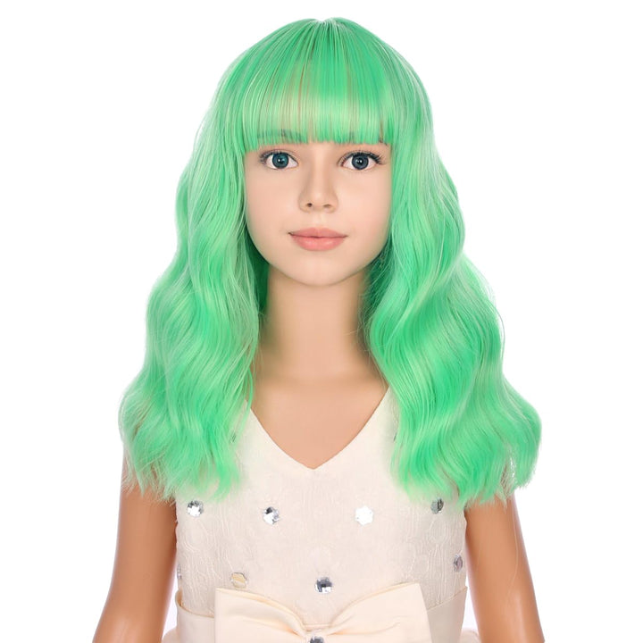 Blonde Wig Kids Child Short Wavy Wig with Bangs Flaxen Blonde Wigs Synthetic Girls Cosplay Halloween Party Costume Wigs (Flaxen Blonde)