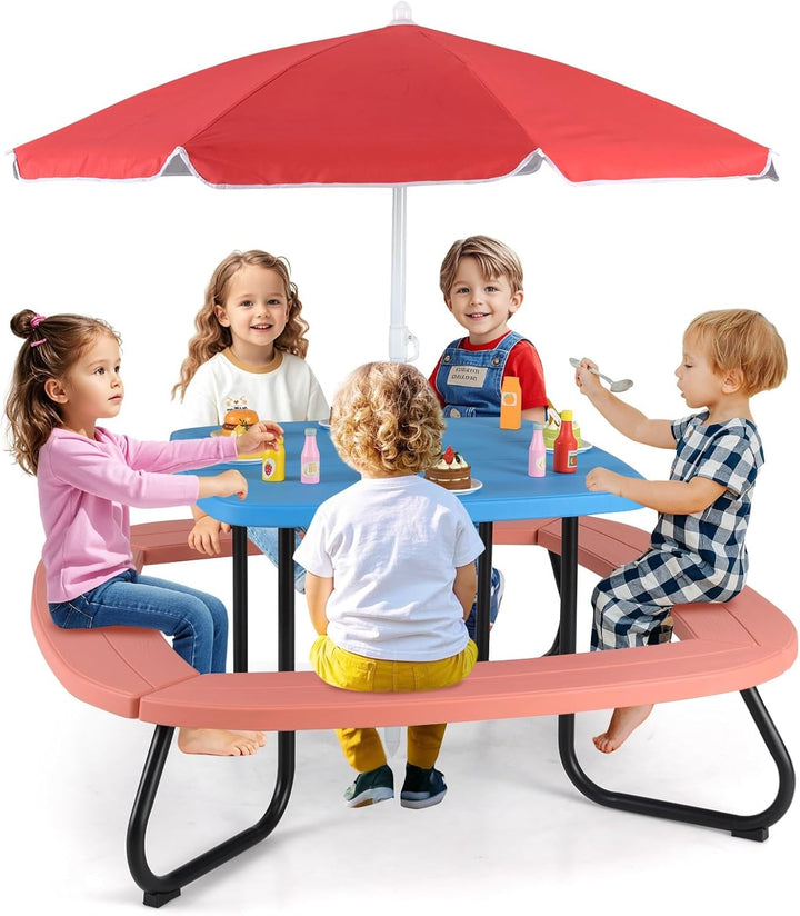 8 Seat Kids Picnic Table with Umbrella & 4 Built-In Benches, Fits 8 Children, Indoor Outdoor Toddler Picnic Table for Backyard Lawn & Patio (White+Blue)