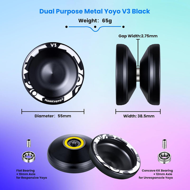 V3 Yoyo for Kids 8-12 or Above, Responsive Yoyo Professional with Dual Function, Professional Trick Yo Yo for Adults with 12 Yo-Yo Strings, KK Bearing, Bearing Puller, Axle,Case Bag -Black