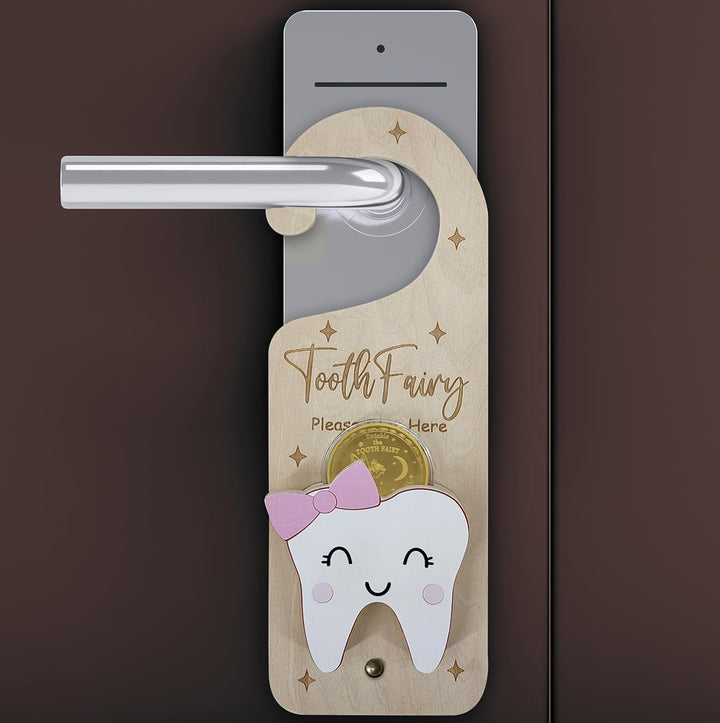 Tooth Fairy Door Hanger, Wooden Tooth Fairy Money Holder with Tooth Coins for Lost Tooth Kids Gifts (Pink)