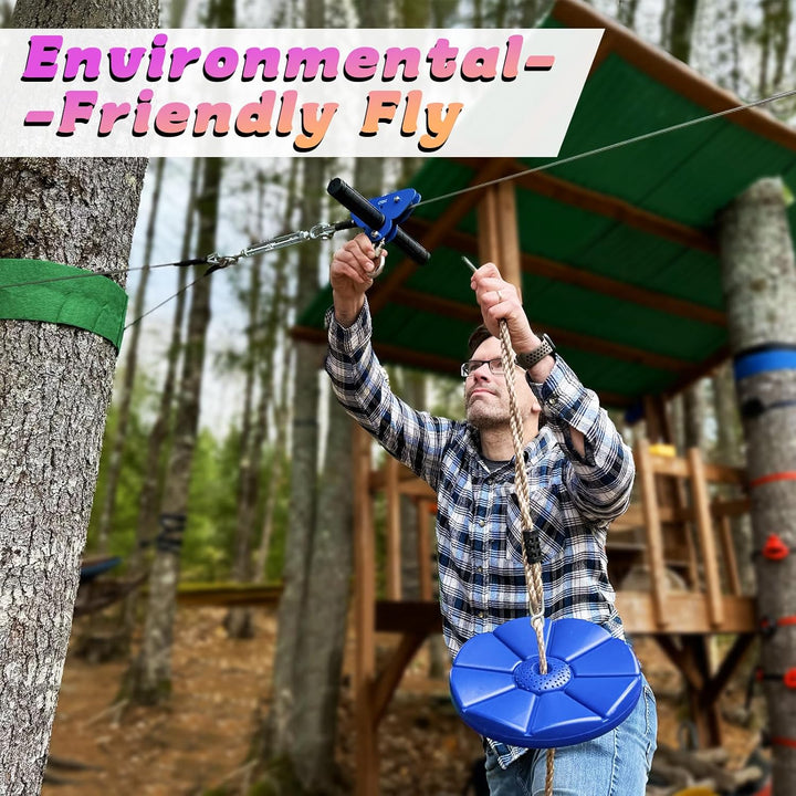 Zipline for Kids and Adult, Zip Line Kits for Backyard with Stainless Steel Spring Brake, Cable Tensioning Kit, Safety Harness, 2 Tree Protectors and Full Set of Zip Line Accessories