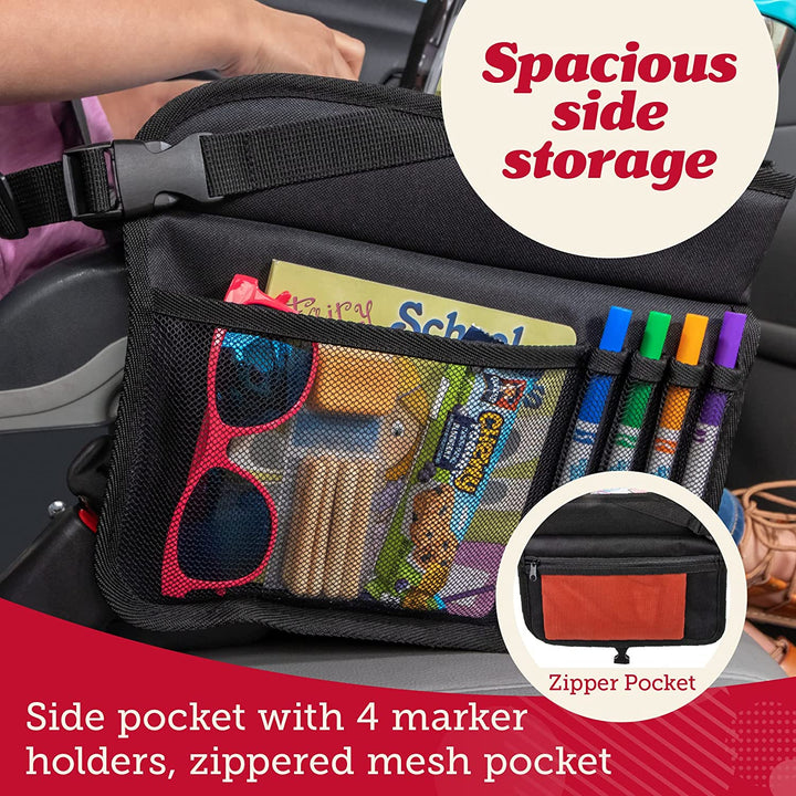 Car Seat Tray for Kids Travel - Black 600D Oxford Lap Desk Organizer with Dry-Erase Surface, Tablet Stand, Snack Holder & Cup Holder - Travel Tray for Kids Car Seat