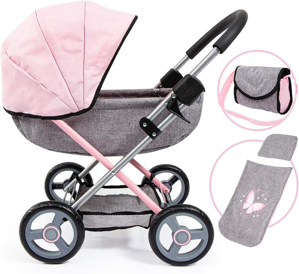 : 4-In-1 Toy Baby Doll Pram Stroller Cosy Set - Dolls up to 18" (Pink/Grey) | Baby Dolls | Pretend | Dress up | Accessory