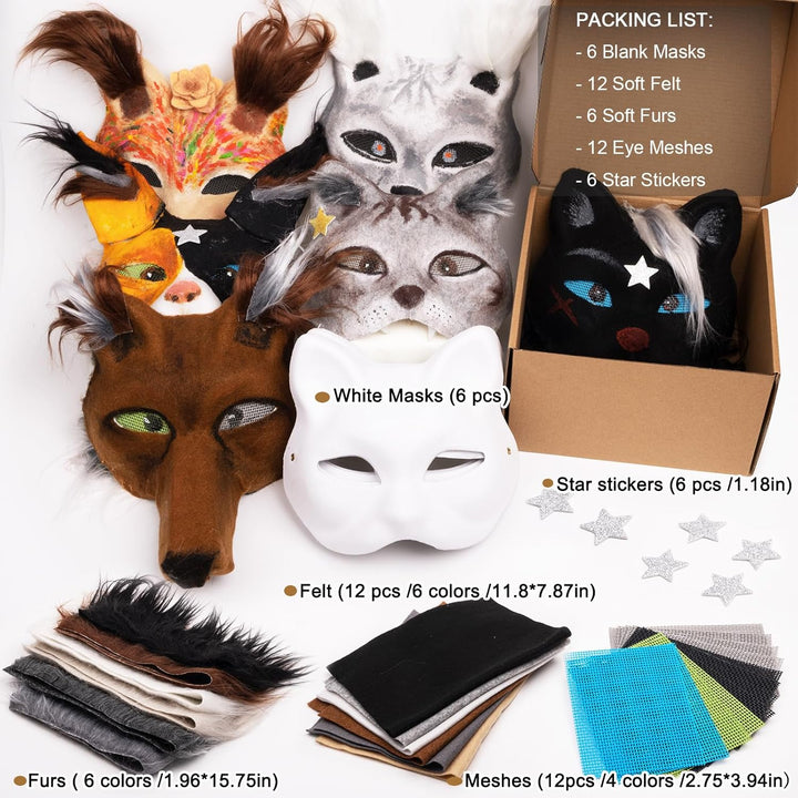 Cat Fox Therian Masks 42PCS with Felt Furs Eye Meshes and Stars, Costume Furry Masks to Paint, Animal Mask Arts Crafts Kit, Dress up DIY for Halloween Christmas Cosplay Party Interaction