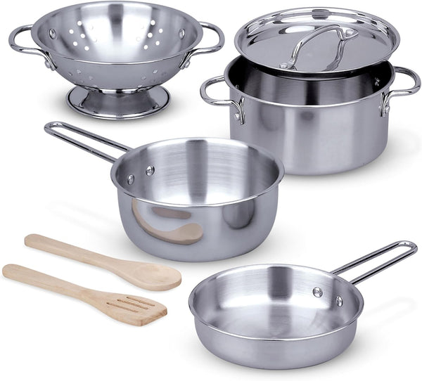 Stainless Steel Pots and Pans Pretend Play Kitchen Set for Kids (8 Pcs)