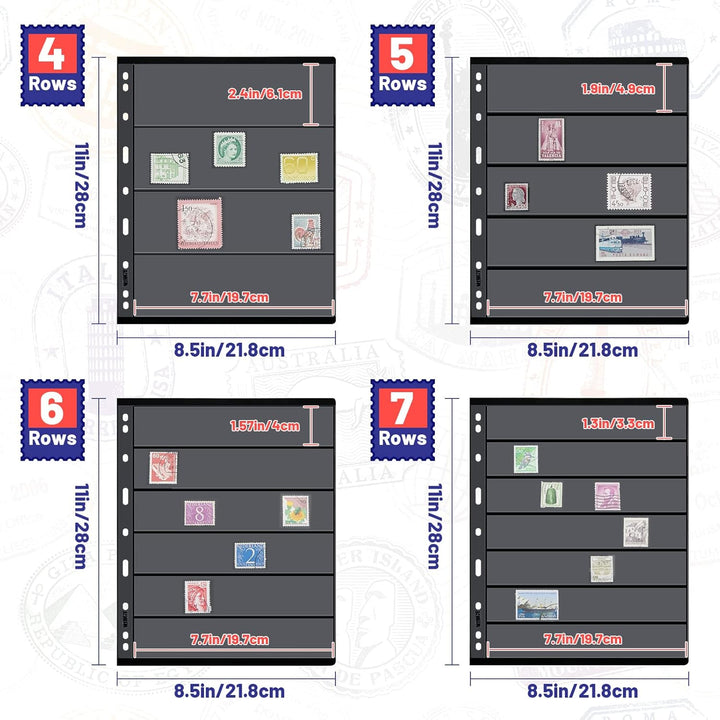 30 Pieces Stamp Pages Collector Stamp Album Page Stamp Pages for Stamp Album Binder with Standard 9 Hole Binder Sleeves for Stamp Collectors (4/5/6/7 Rows)