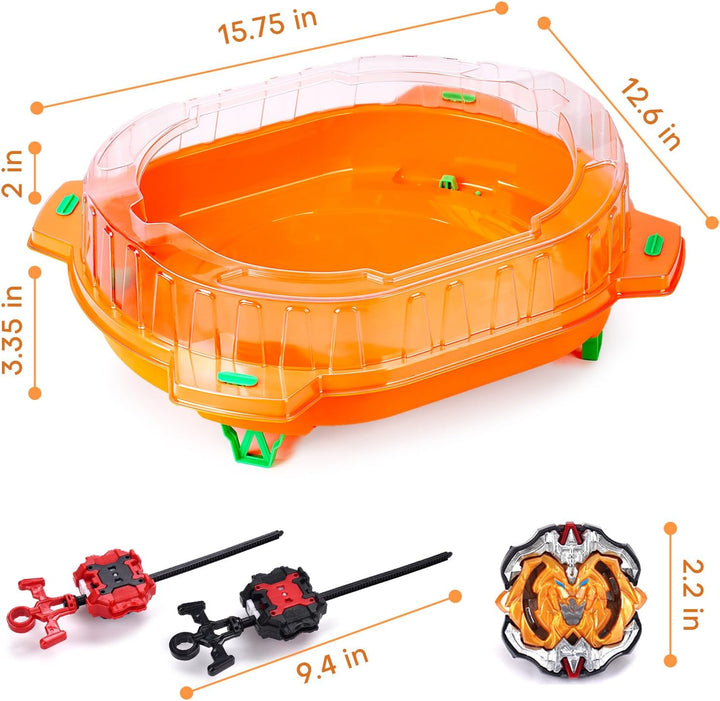 Battling Top Burst Toy Set, 6 Battling Tops 2 Launchers and 1 Stadium, Toys for 6 Year Old Boys & Girls & Up（Orange）