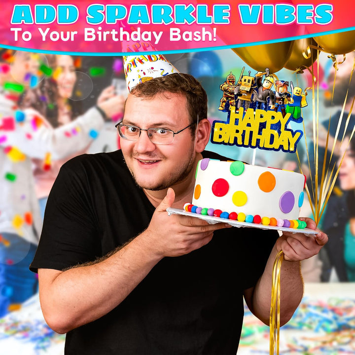 Video Game Cake Topper Decorations - Vibrant Glitter Cardboard Gamer Cake Topper, Eye-Catching Design, Firm Installation & Easy Adjusting, Sturdy Plastic Stick - Birthday Decorations for Boys & Girls