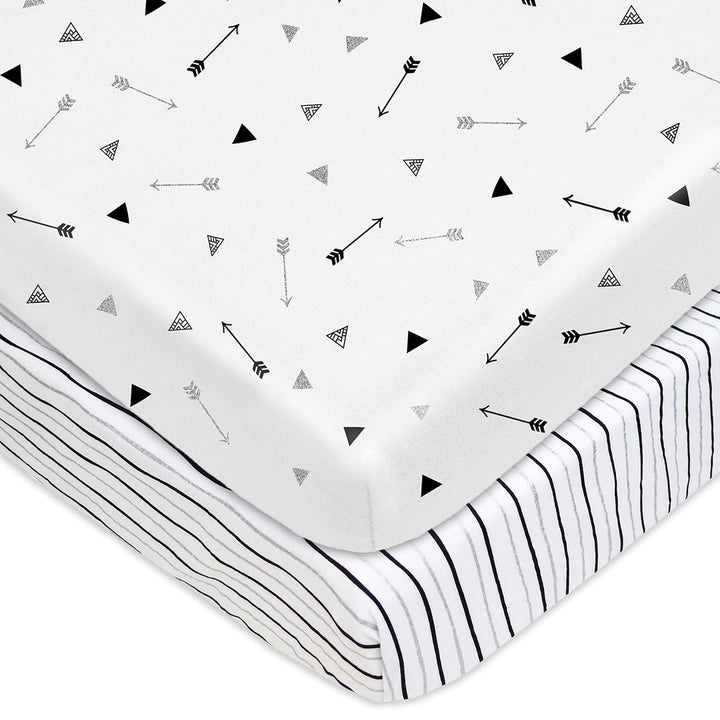 2 Pack 100% Natural Cotton Fitted Pack and Play Sheets 39" X 27" - Soft & Breathable Pack N Play Sheets for Playard & Mini Crib Mattress, Gray Star/Gray Zigzag, for Boys & Girls