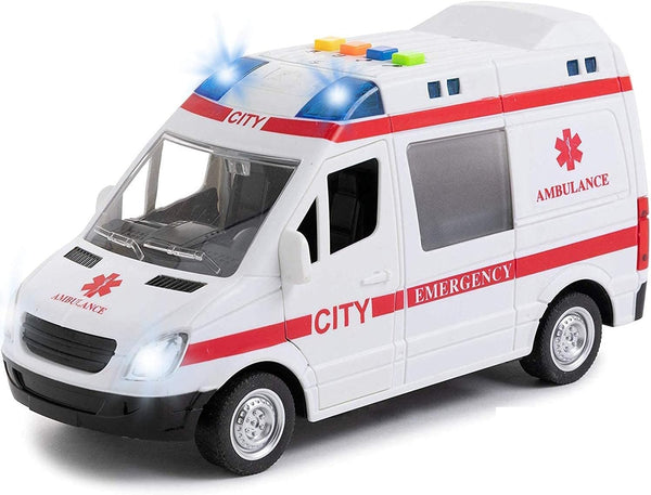 Ambulance Toy Car with Light & Siren Sound Effects - Friction Powered Wheels & LED Lights - Medical Transport Emergency Vehicle, Heavy Duty Plastic Rescue Vehicle Toy for Kids & Children