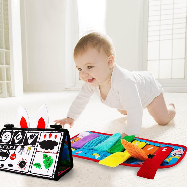 Tummy Time/Baby Mirror Toys, Black and White High Contrast Tabletop Mount Baby Newborn Toys 0 3 6 Months Brain Development, Sensory Texture Piano Infant Toys 0 3 6 Months with Squeaker