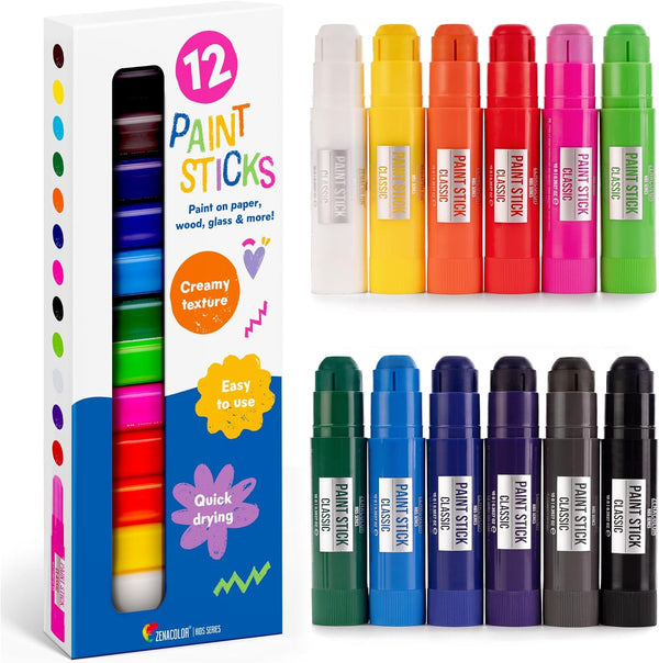 Tempera Paint Sticks - 12 Colors Kids Paints - Non-Toxic Washable Paint Sticks for Kids - Mess Free Quick Drying Art Supplies for Toddlers