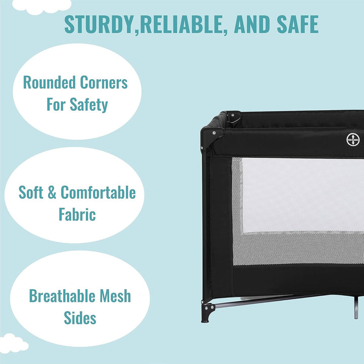 Zazzy Portable Playard with Bassinet in Black, Lightweight Packable and Easy Setup Baby Playard with Mattress and Travel Bag