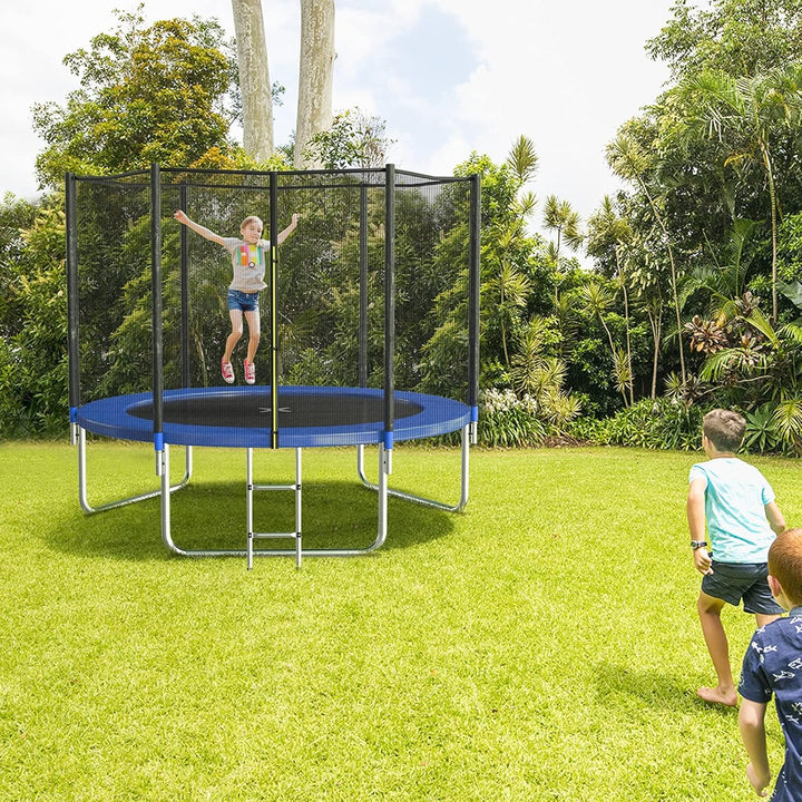 8FT 10FT 12FT 14 FT 15FT Trampoline with Safety Enclosure Net，Outdoor Trampoline with Basketball Hoop, Heavy Duty Jumping Mat and Spring Cover Padding for Kids and Adults, Storage Bag and Ladder