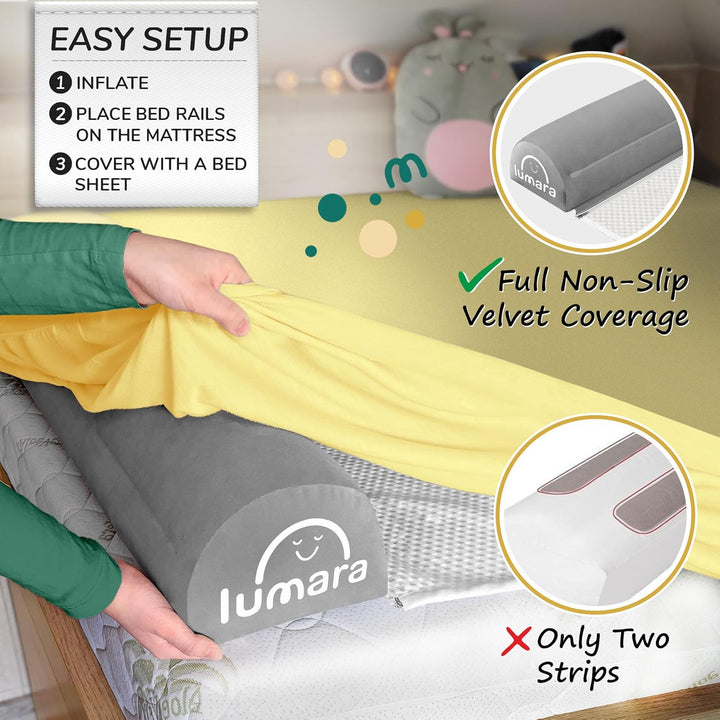 Inflatable Bed Rail for Toddlers 2 Pack - Portable Travel Bed Bumpers for Kids Fits Twin Full Queen King Size Beds - Non-Slip Safety Guard Rails