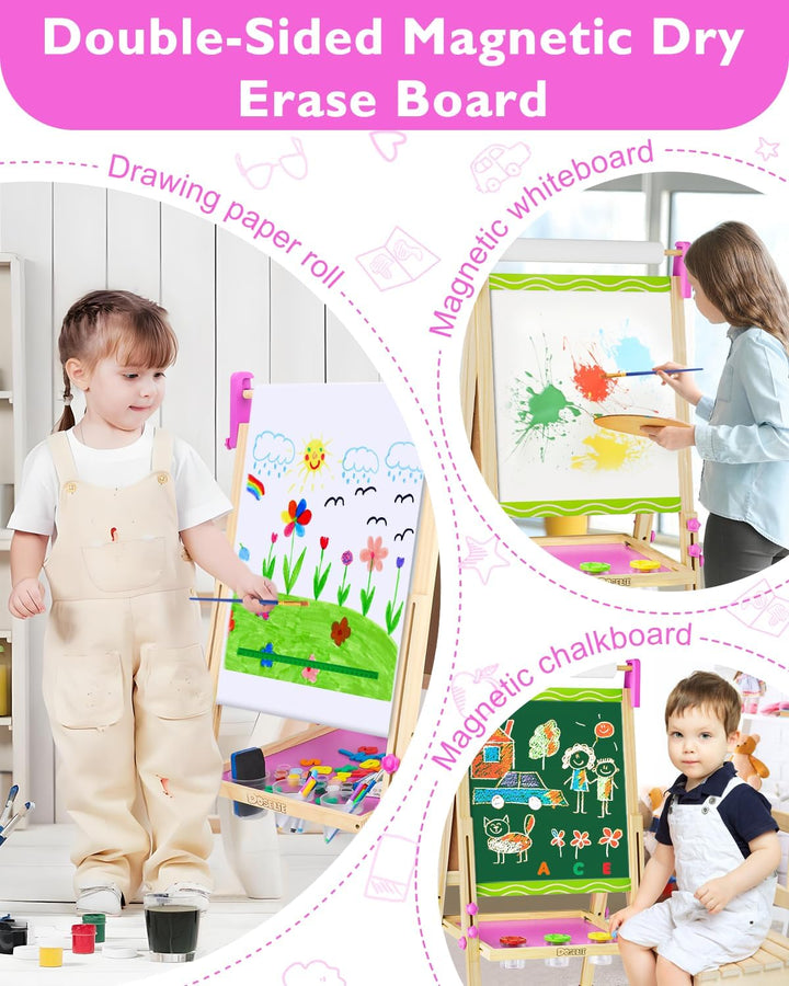 Easel for Kids,Wooden Toddler Art Easel,Kid Toys for Ages 5-7 8-13,3 4 5 6 7 8 9 Year Old Boy Girl Birthday Gifts,Double-Sided Magnetic Dry Erase Whiteboard and Chalk Board with Art Supplie Paper Roll