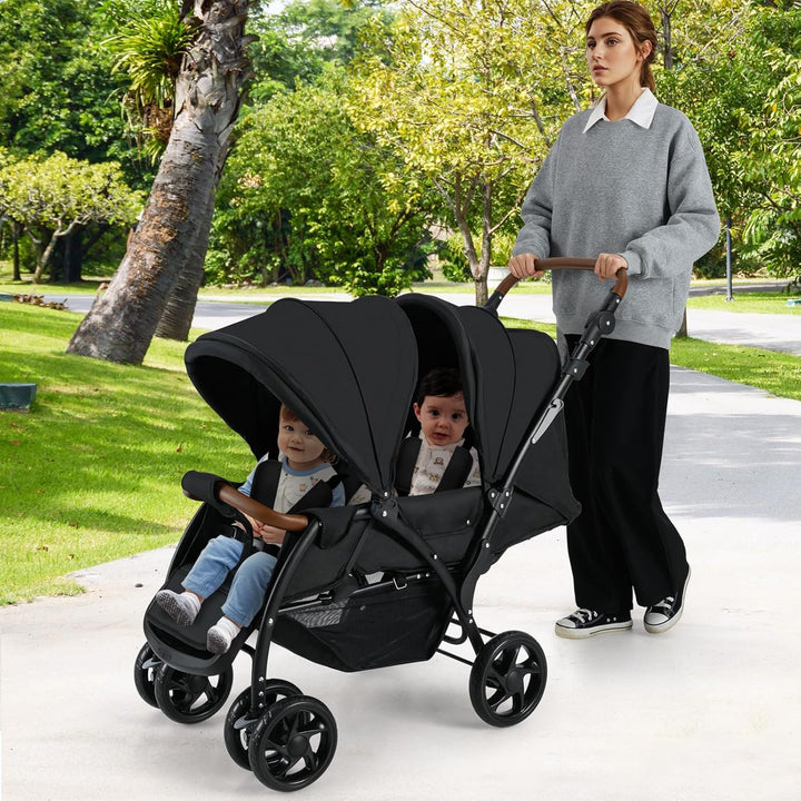 Double Stroller, Foldable Baby Tandem Stroller with Djustable Backrest Canopy Footrest, 5-Point Harness, Storage Basket, Convertible Compact Twin Stroller for Infants and Toddlers