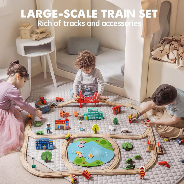 110PCS Wooden Train Set – Toy Train with Tracks for Kids Ages 3-7, Compatible with Major Brands, Ideal Railway Playset for Boys and Girls, Great Birthday