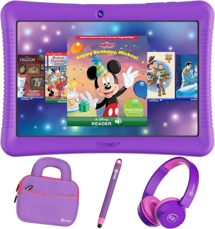 10" Android Kids Tablet Bundle - 32GB, 80+ Disney Storybooks ($350 Value), Parental Controls, Kid-Proof Case W/Kickstand & Stylus, Headphones & Sleeve Bag - Purple