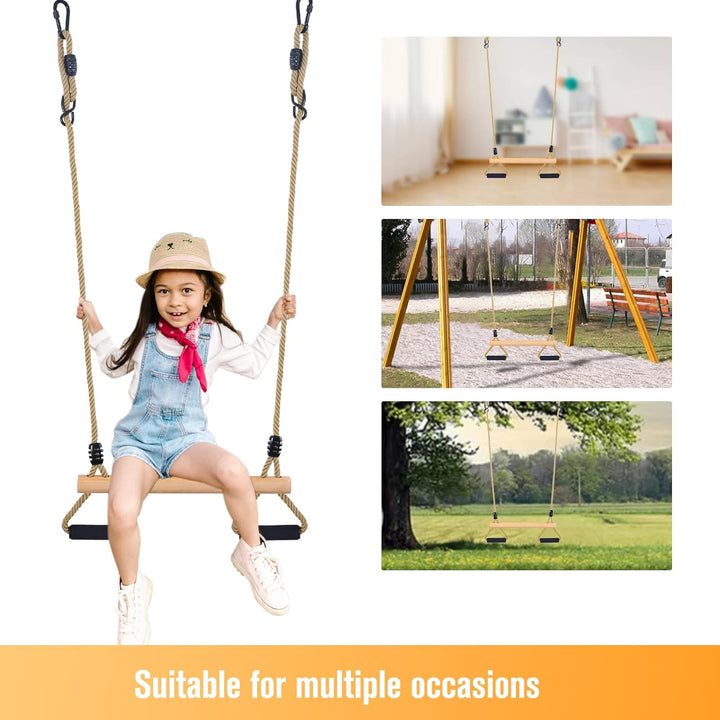 Wooden Trapeze Swing Bar with Gym Rings for Children'S Swing Set Indoor Outdoor Garden,Yard,Playground