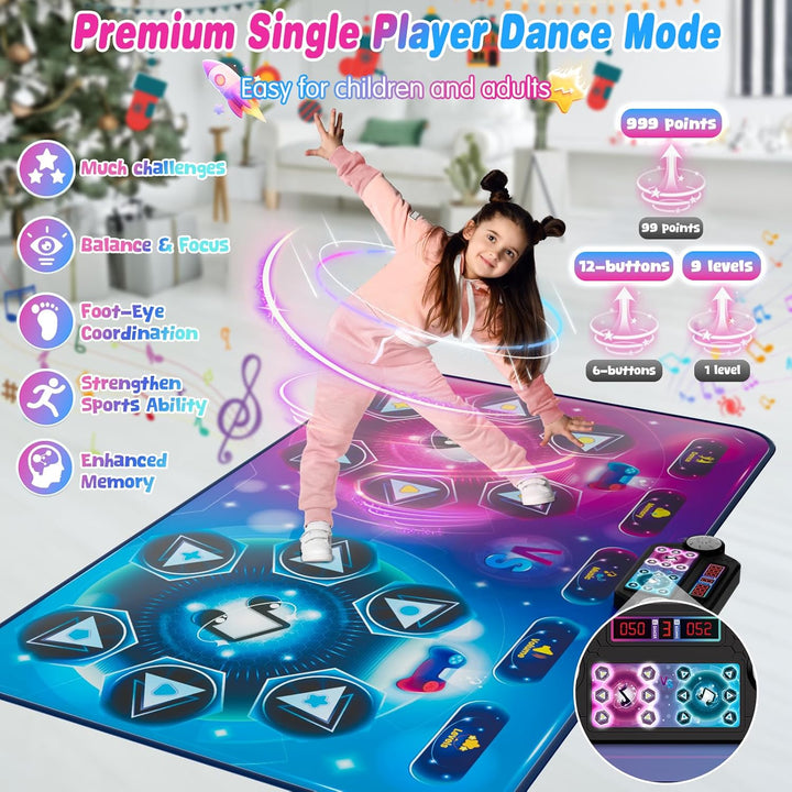 Upgraded Extra Large Electronic Dance Mats, Dance Pad with Single&Double Players Mode, Dancing Music Playmat with LED Light, Challenge Game as Christmas Birthday Gift for Kids Girls Boys 3-12 Year Old