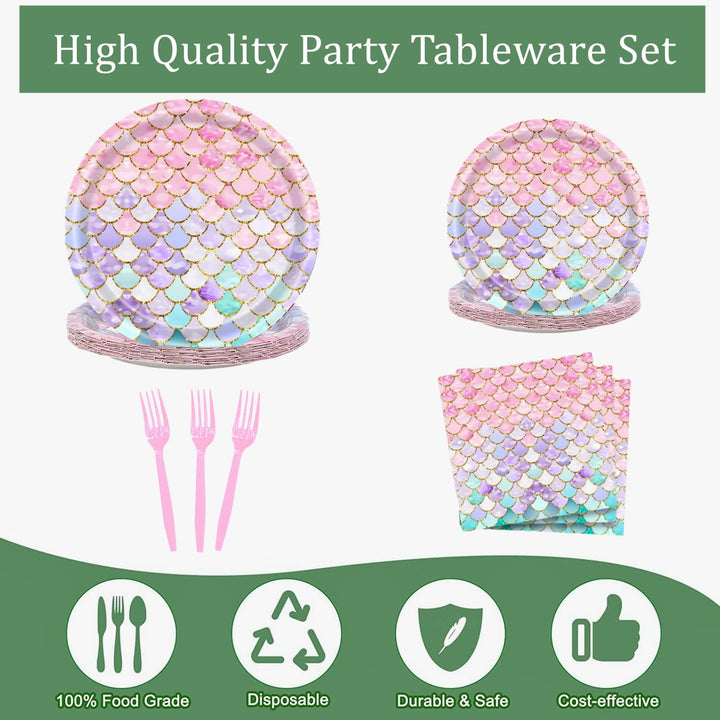 96 Pcs Mermaid Birthday Party Supplies Plates and Napkins Set for 24 Guests, Little Mermaid Party Decorations Ocean under the Sea Party Tableware Plate, Fork, Napkins for Princess Girls