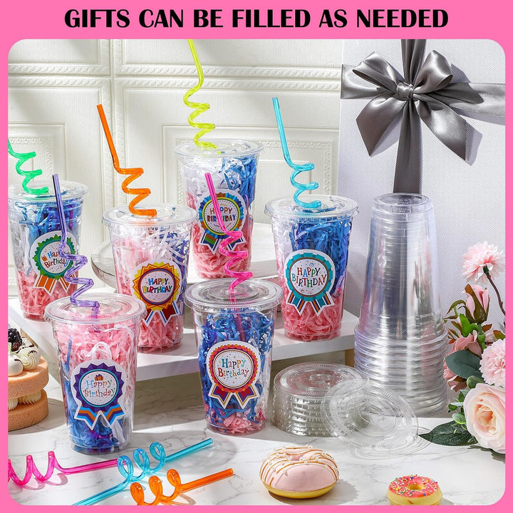 24 Set Creative Happy Birthday Gifts from Teacher Students Birthday Cups with Lids Colorful Straws Stickers and Raffia Disposable Plastic Cups for Reward Kids Prize Classroom Party Supplies