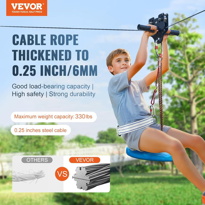 Zip Line Kits for Backyard，160Ft Zip Line Kit for Kids and Adult up to 330 Lb, Included Swing Seat, Ziplines Brake, and Steel Trolley, Outdoor Playground Equipment