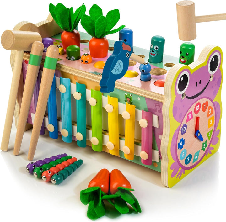 6-IN-1 Wooden Montessori Toys for 1 Year Old, Mole-Tapping Game | Play the Xylophone | Frog Clock | Carrot Harvest Game | Spinning Gear, Toddler Toys Aged 1-4, Baby Toy Gift for Early Learning