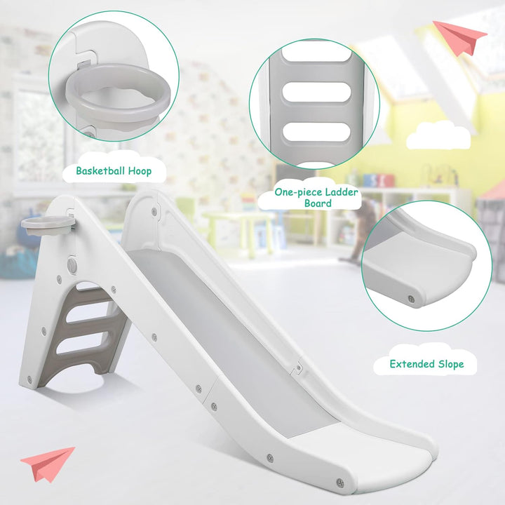 Freestanding Kids Slide, Toddler Slide Climber with Basketball Hoop & Ball, Baby Playset W/Long Slope, for Boys and Girls Birthday, Sturdy Playground Toy for Indoor Outdoor (Grey White)