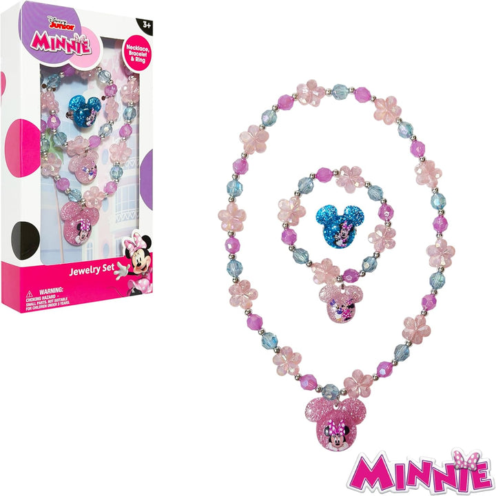 Disney Minnie Girls Jewelry Set - Dress up Toy Jewelry Box Sets with Bead Necklace, Bead Bracelet and Ring - Play Accessories - Ages 3+