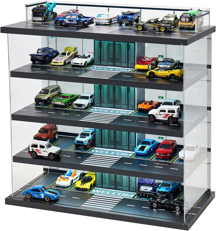 Display Case for Hot Wheels Garage & Matchbox Cars with LED Light, 1/64 Scale Diecast Toy Cars Garage, Storage Case for Hot Wheels, Parking Garage Diorama with 4 Levels Maximum 58 Cars