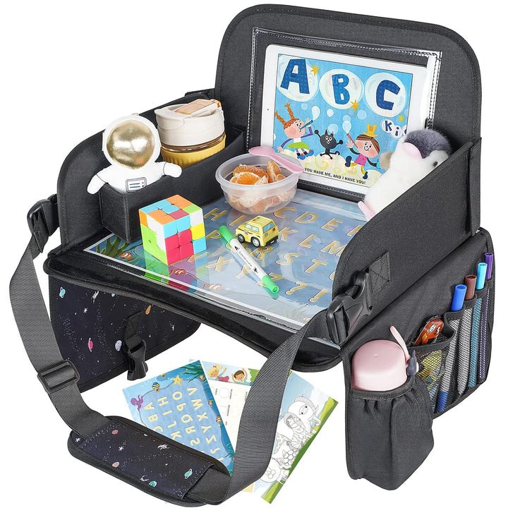 Kids Travel Tray for Toddler Car Seat, Lap Tray for Girl Activities with Dry Erase Board & Cooler Cup Holder, Road Trip Essentials Accessories with No-Drop Large Tablet Ipad Holder Stand,Pink