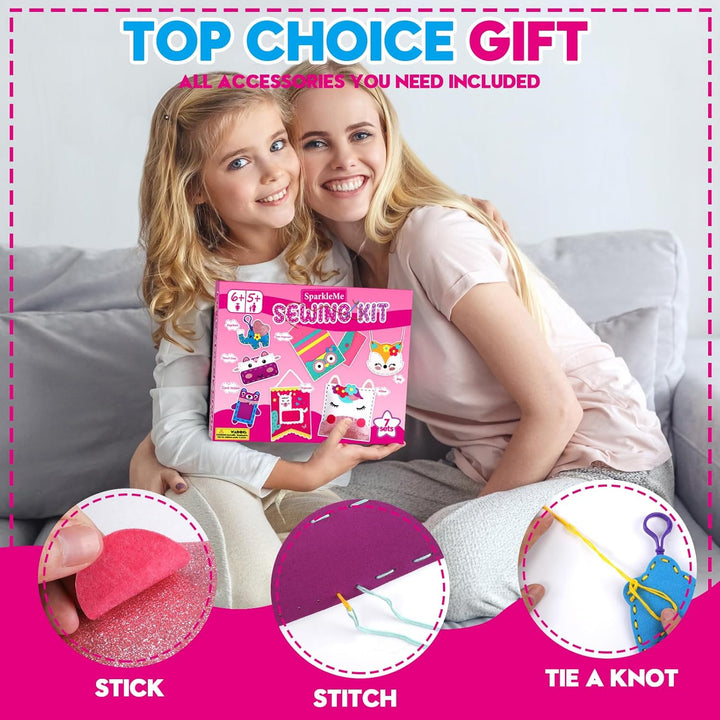 Sewing Craft Kit for Girls: DIY Felt Sewing Kit for Kids Ages 5-10, 7 Fun Projects with Stuffed Animals & Pillows, Learn to Sew Kit for Beginners, Ideal for Christmas & Birthday, Arts & Crafts Ideas