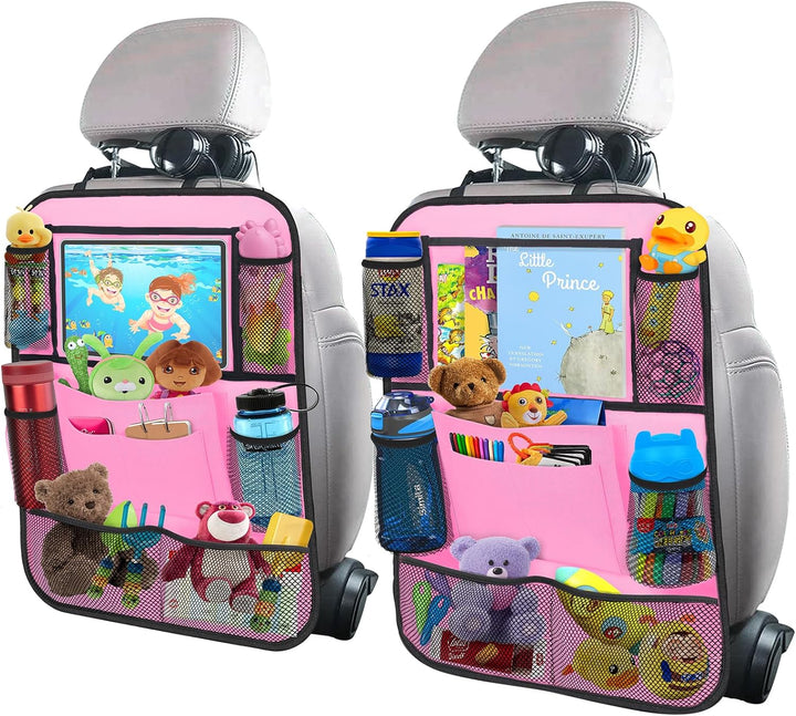 Car Backseat Organizer with 10" Table Holder, 9 Storage Pockets Seat Back Protectors Kick Mats for Kids Toddlers, Travel Accessories, 2 Pack