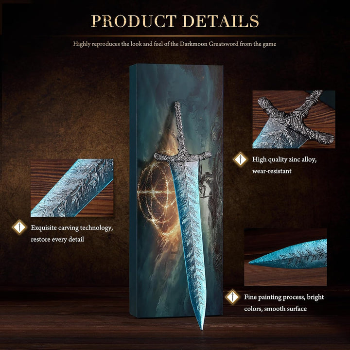 Elden Ring Dark Moon Greatsword Straight Knight'S Sword Model 11.8-Inch Metal Craft Sword with Display Stand Action Figure Collectible Toy Desk Decor Party Supply Gift