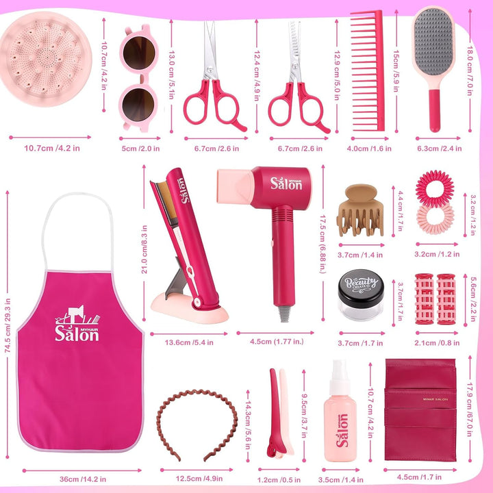 Pretend Hair Salon Toys for Girls,Pretend Makeup for Toddlers Dress up Beauty Salon Set Stylist Kit with Hair Dryer Apron Curling Flat Scissors Accessories Girl Gifts