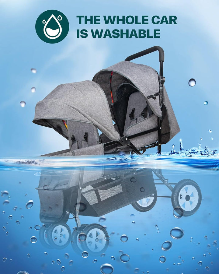 Double Stroller for Infant Toddler, Foldable Double Baby Stroller with Tandem Seating and Adjustable Backrest - Extra Gift Toys/Mosquito Net/Sleeping Mats/ 2 Hooks/ 2 Cotton Pads（Grey）