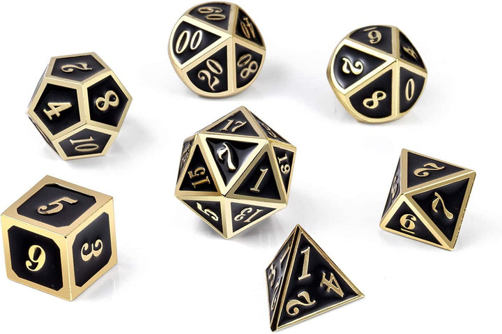 Metal Dice Set D&D, 7 Die Metallic Polyhedral Dice Set with Gift Metal Box and Gold Number for DND Dungeons and Dragons Role Playing Games (Black and Gold)