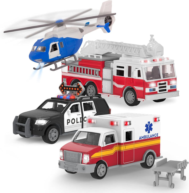 – 4-Pack of 7 Construction & Utility Toy Trucks – Includes Cement Mixer, Telehandler, Garbage, Tow & Fire Truck – Lights & Sounds – Ages 3+