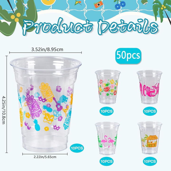 50 Luau Cups for Hawaiian Luau Party Decorations, 12 OZ Tiki Tropical Plastic Disposable Cups for Pool Flamingo Tiki Birthday Party Decor Supplies