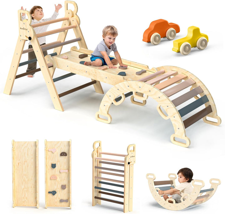 Pikler Triangle Set 7In1 Foldable Baby Climbing Toys Wooden Montessori Climbing Set with Arch&Ramp&Ladder Baby Climber Indoor Jungle Gyms for Toddlers Montessori Toys - Rainbow