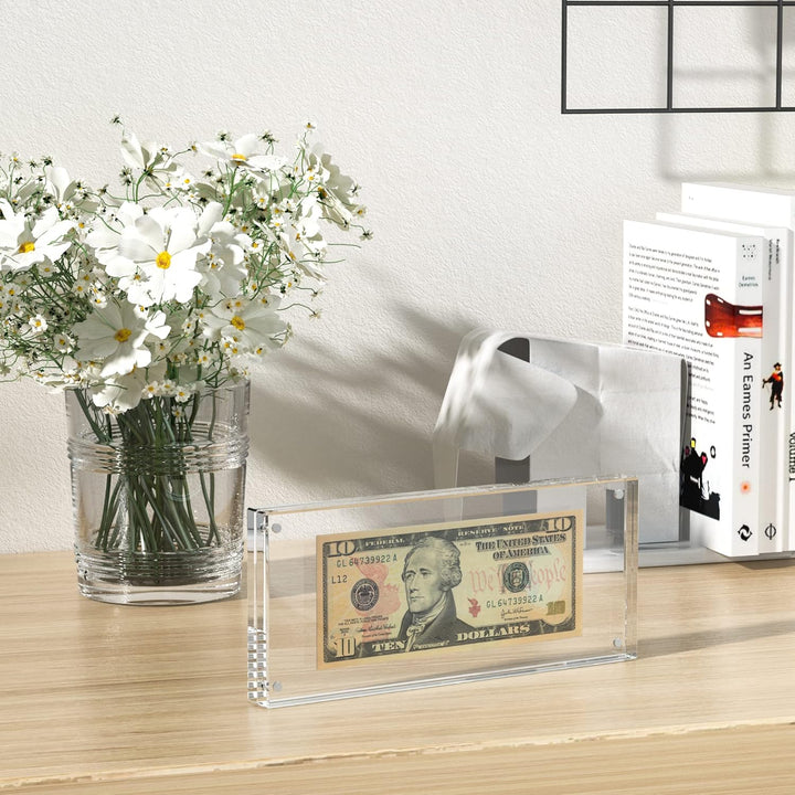 Dollar Bill Frame Display – 7.8" X 3.9" Acrylic Dollar Bill Holder, Thick Magnetic Self-Standing Display Case for Currency, Tickets, Banknotes, and Stamps