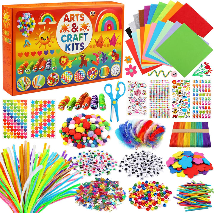 Pipe Cleaners Craft Supplies, 1500+Pcs Arts and Crafts Supplies Including Pipe Cleaner Wiggle Googly Eyes Pom Poms Feathers Sticks Sequins Foam Flowers Papers Felt Stickers