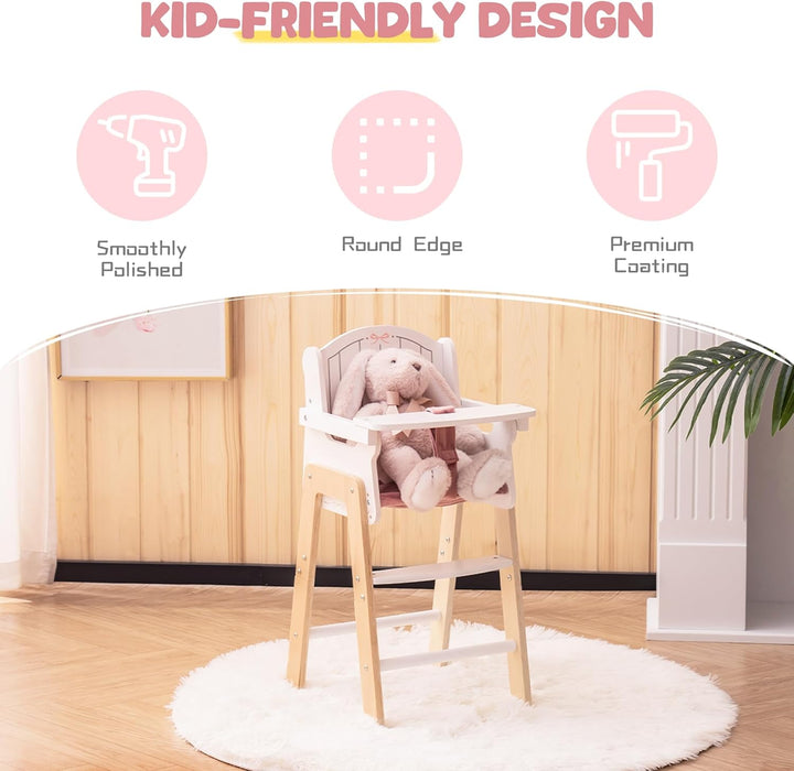 Wooden Baby Doll High Chair, Pink Wooden Baby Doll Chair for 18 Inch Dolls, Pretend Play High Chair Baby Doll Accessories, Small