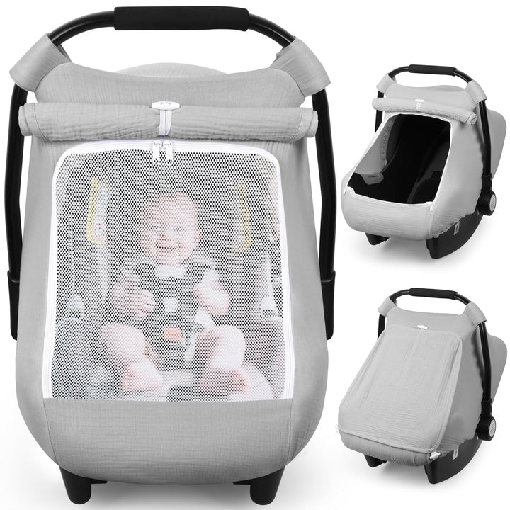 Car Seat Cover Baby, Carseat Covers Girl Boy, Breathable Muslin Cotton, Large Mesh Window, Infant Car Seat Canopy Baby Carrier Cover Stroller Sun Shade for Summer & Hot Day, Grey