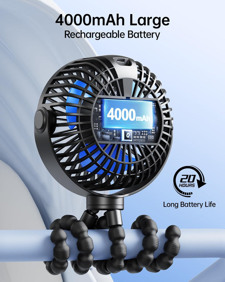 Portable Stroller Fan with Display 4000Mah Battery Powered Mini Clip on Fan, 4-Speed Rechargeable Small Personal Cooling for Baby Car Seat Crib Travel - Black